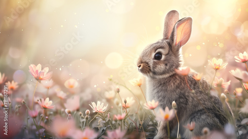 Easter bunny on grass background with copy space.