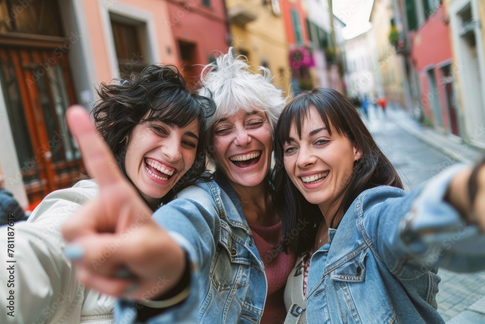 Three middle-aged women taking a selfie, smiling at camera outdoors - Aged friends taking selfie pic with smart mobile phone device - Life style concept with pensioners having fun together on holiday Three middle-aged women taking a selfie, smiling at camera outdoors - Aged friends taking selfie pic with smart mobile phone device - Life style concept with pensioners having fun together on holiday