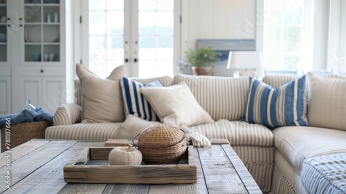 Cozy living room interior with striped sofas
