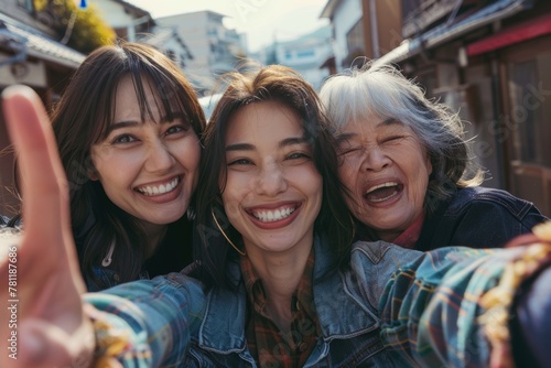 Three middle-aged women taking a selfie, smiling at camera outdoors - Aged friends taking selfie pic with smart mobile phone device - Life style concept with pensioners having fun together on holiday