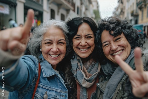 Three middle-aged women taking a selfie, smiling at camera outdoors - Aged friends taking selfie pic with smart mobile phone device - Life style concept with pensioners having fun together on holiday
