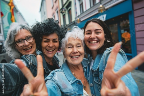 Three middle-aged women taking a selfie, smiling at camera outdoors - Aged friends taking selfie pic with smart mobile phone device - Life style concept with pensioners having fun together on holiday photo