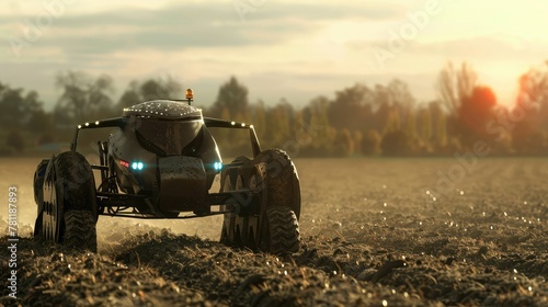 An autonomous tractor plowing a field, highlighting the power and reliability of agricultural robotics, photo