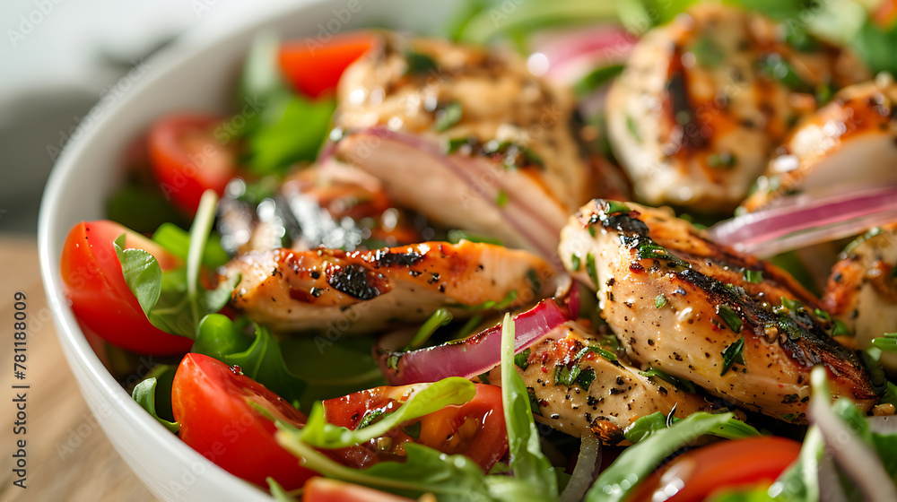 Salad with grilled chicken fillets and arugula, closeup