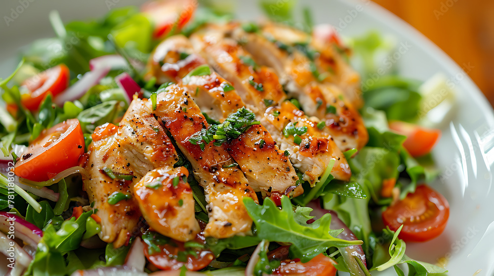 Grilled chicken fillet with fresh salad on wooden table, closeup Grilled chicken fillet with fresh salad on wooden table, closeup