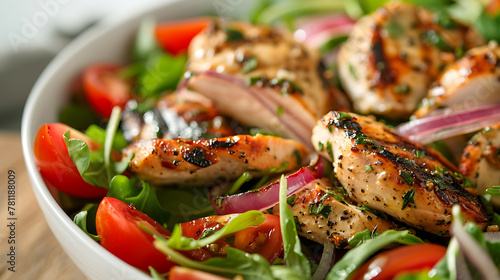 Salad with grilled chicken fillets and arugula, closeup