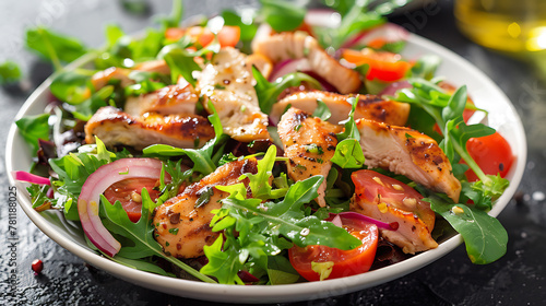 Salad with grilled chicken fillet, arugula, tomatoes and red onion on black background