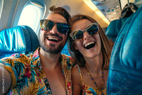 A happy couple taking selfie photo on airplane, Happy tourist taking selfie inside airplane - Cheerful couple on summer vacation - Passengers boarding on plane - Holidays and transportation concept © MD Media