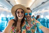 A happy couple taking selfie photo on airplane, Happy tourist taking selfie inside airplane - Cheerful couple on summer vacation - Passengers boarding on plane - Holidays and transportation concept