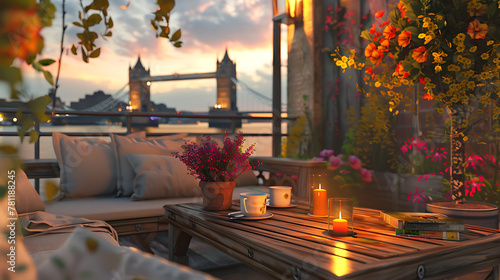 Elegant terrace with a view of the Tower Bridge at sunset.
