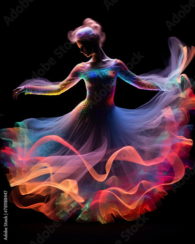AI-generated illustration of A young female Dancer in Color Quantum Entanglement