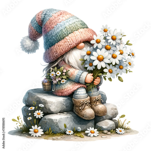 A whimsical gnome wearing a pastel-colored woolen outfit and hat, sitting on a stone holding a bouquet of white daisies, with daisies adorning the sto