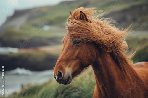 Portrait of Icelandic horse with mane fluttering in the wind