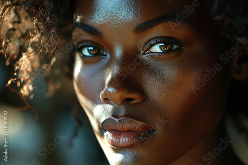 the woman with dark skin has very bright eyes and frizzy hair