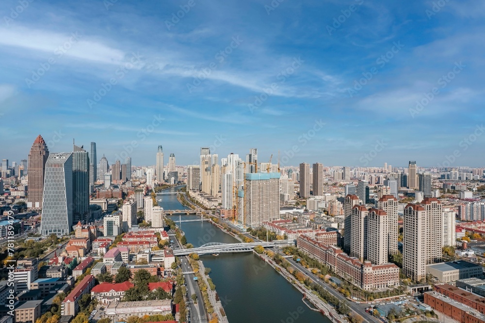 Aerial photo of coastal cities along the Haihe River Scenic Line in Tianjin, China