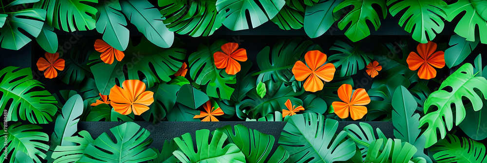 Fresh Green Monstera Leaves Against a Vibrant Background, Capturing the Lush Essence of the Tropics in a Minimalistic Style Fresh Green Monstera Leaves Against a Vibrant Background, Capturing the Lush Essence of the Tropics in a Minimalistic Style