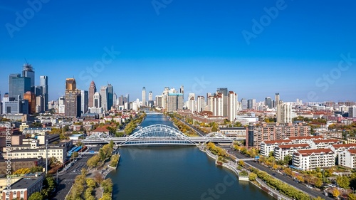 Aerial photo of coastal cities along the Haihe River Scenic Line in Tianjin, China © Wirestock
