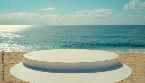 White stone round podium on the sea beach. Realistic platform for product presentation. Summer nature scene with pedestal mockup. Concept exhibition of your product, advertising