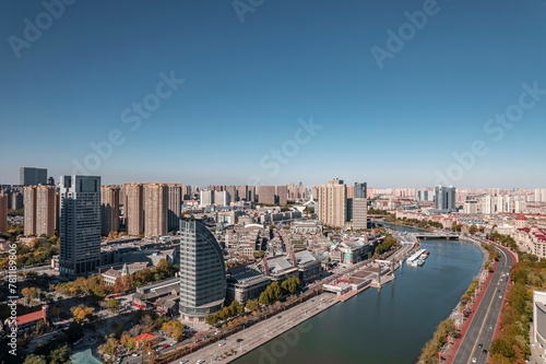 Aerial photo of Haihe River Scenic Line of Tianjin, a riverside city in China © Wirestock