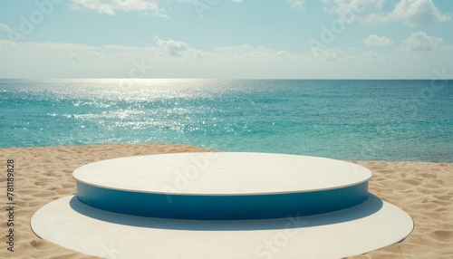 White stone round podium on the sea beach. Realistic platform for product presentation. Summer nature scene with pedestal mockup. Concept exhibition of your product  advertising