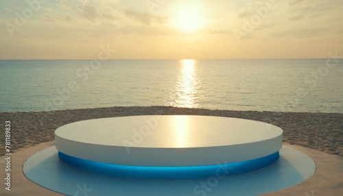 White stone round podium on the sea beach. Realistic platform for product presentation. Summer nature scene with pedestal mockup. Concept exhibition of your product, advertising