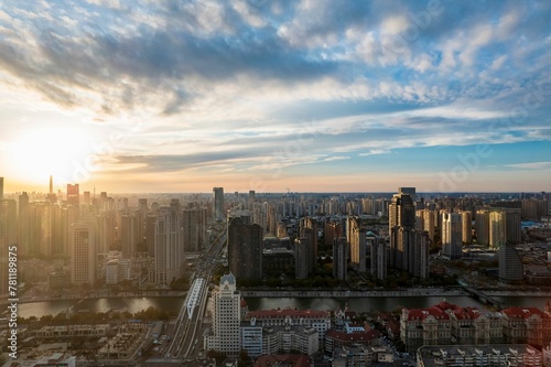 Aerial view of ciryscape Tianjin surrounded by buildings photo