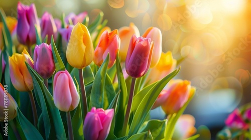 Many colorful tulips in a vase