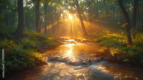 the sun shines down on a river in a forest
