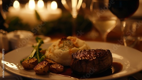 An exquisite fine dining experience unfolds with a perfectly seared steak all plated with elegance and illuminated by perfect lighting that highlights their gourmet quality. 

 photo