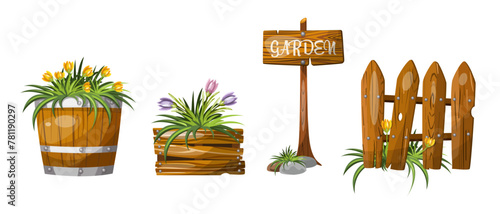 Set of wooden flower beds, sign, vegetable garden and fence for the dacha photo