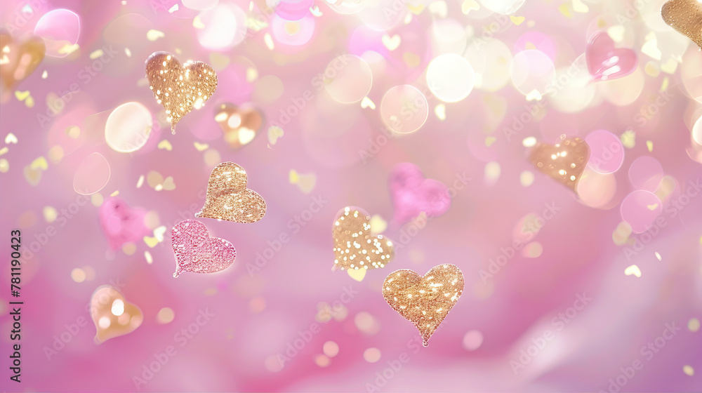 Blurred pink background with golden glitter hearts
Blurred pink background with golden glitter hearts
