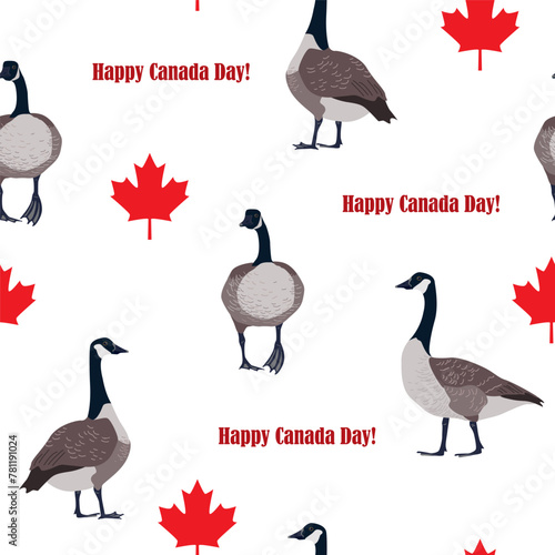 Red maple leaves and Canadian geese on white background. Canada Day seamless pattern, vector illustration © Toltemara