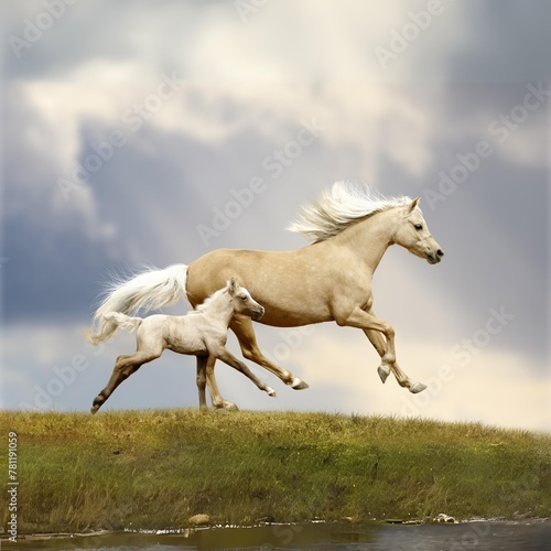 AI generated illustration of a mother horse and her foal joyfully gallop alongside the serene lake