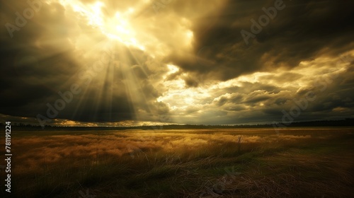 Sunlight filtering through fluffy clouds, illuminating a picturesque wheat field, AI-generated.