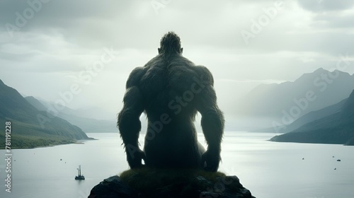 AI generated illustration of a Scandinavian fjord with a mythical giant troll from mythology photo