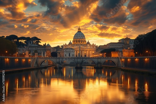 Scenic view of Rome at dawn, the Tevere river reflecting a bridge, AI-generated. © Wirestock