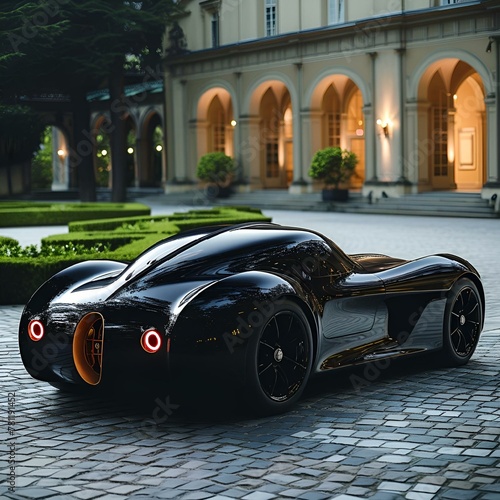 AI-generated illustration of a luxury black car parked in front of a mansion