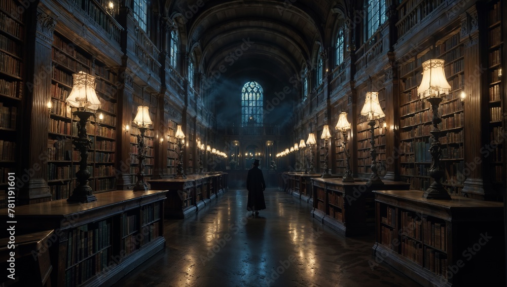 Dimly lit library housing multiple bookshelves in its aisles, AI-generated.
