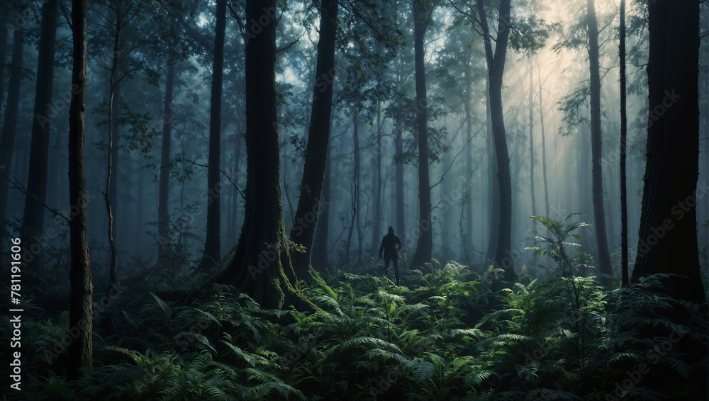Person strolling through a thick forest, with misty fog in the background, AI-generated.