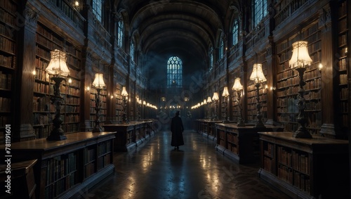 Dimly lit library housing multiple bookshelves in its aisles, AI-generated.