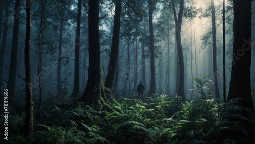 Person strolling through a thick forest, with misty fog in the background, AI-generated.