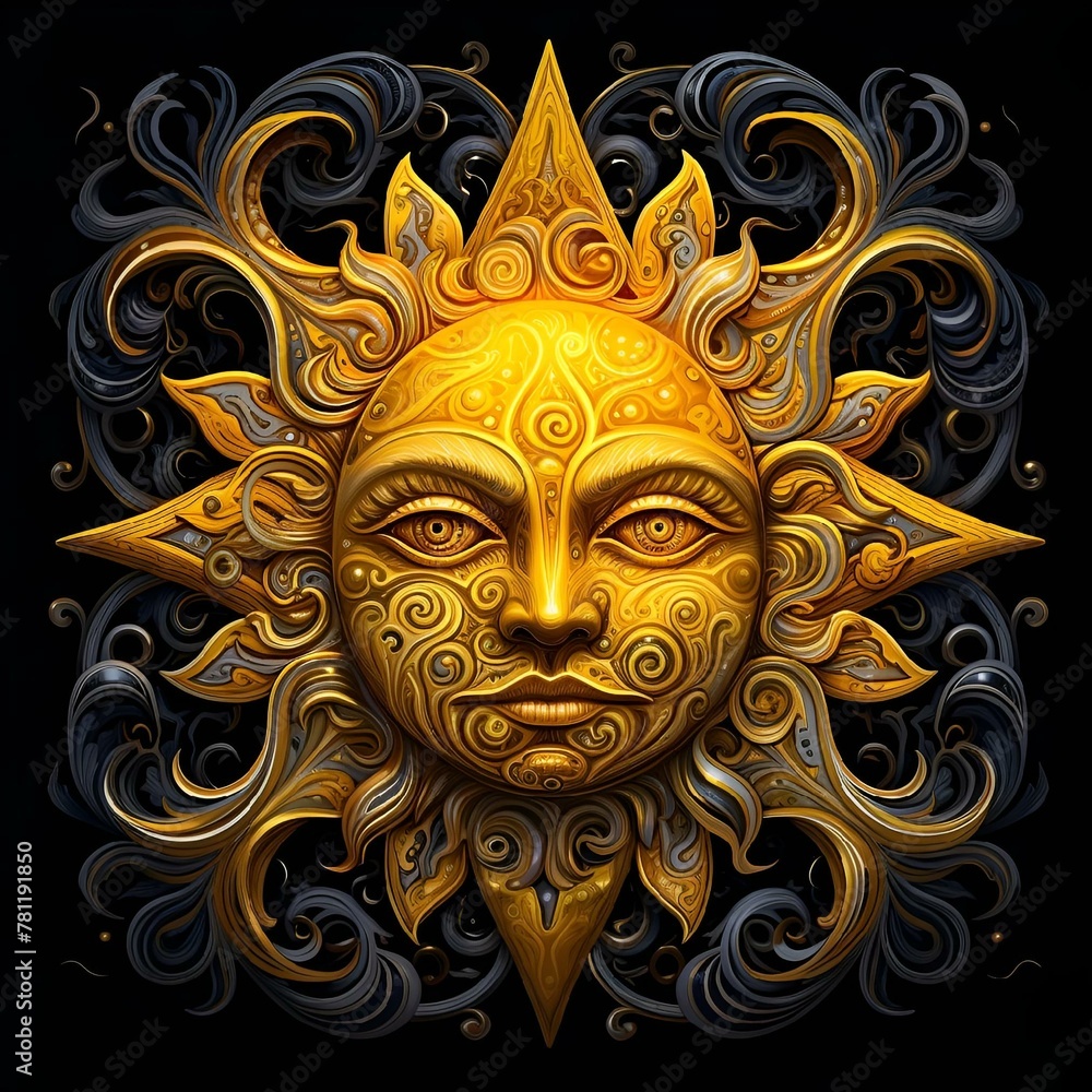 AI generated illustration of a yellow sun face on a black background
