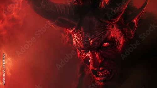 AI generated illustration of an ominous demon with elongated horns silhouetted against a fiery sky photo