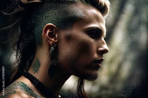 AI generated illustration of a person with an undercut hairstyle and Celtic tattoos with an earring photo