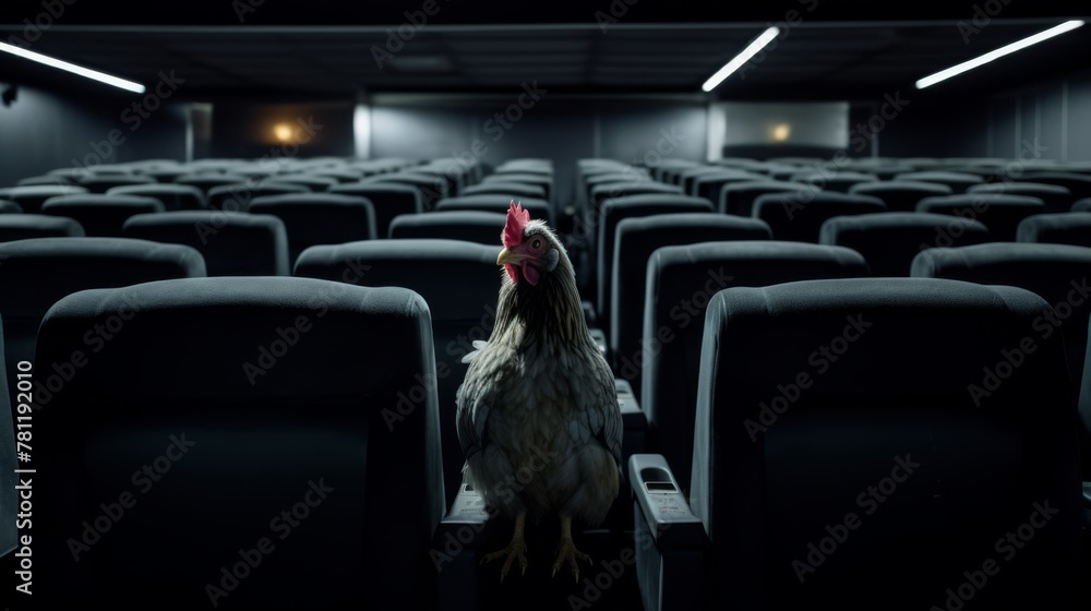 AI generated illustration of A rooster standing in an empty auditorium - obrazy, fototapety, plakaty 