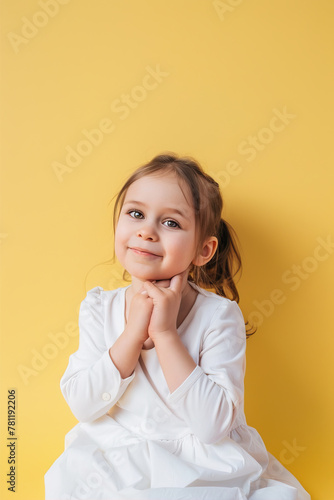 Cute little girl on yellow background 