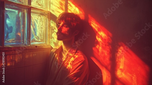 a man standing in front of the light of stained glass windows © Wirestock