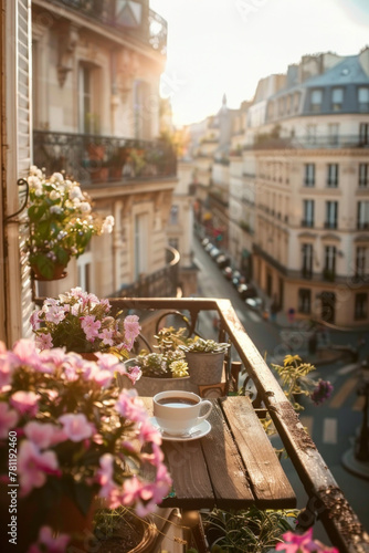 A balcony from a building in a Paris street  with a coffee mug on a table and pink flowers