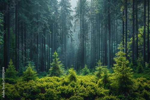 Lush green forest scenery with a hazy atmosphere, creating a serene and mysterious woodland landscape