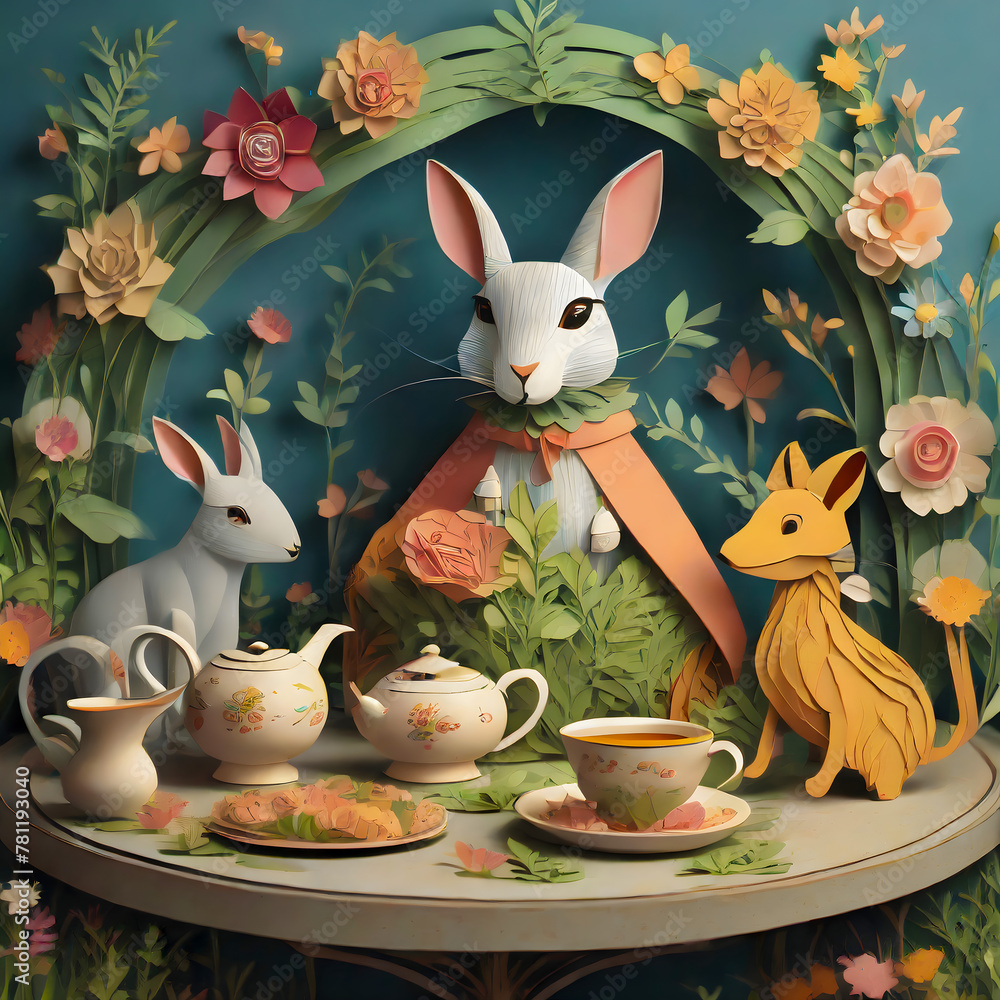 Papercut image of an enchanting garden tea party of cute cartoon ...